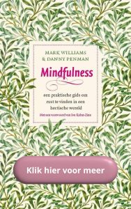 Boekomslag in groen wit en rood over mindfulness met de letters Mindfulness: een praktische gids om rust te vinden in een hectische wereld. Mark Williams & Danny Penman