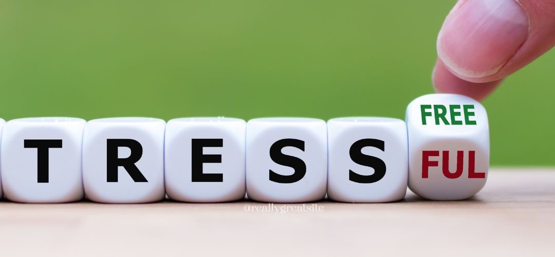 Header Blog stress. dobbelstenen met letters STRESS en full en free. in kleuren zwart en groen en rood