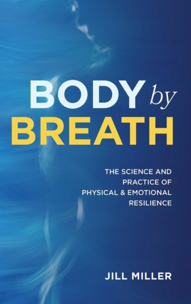 Boekomslag body by breath. Blauwe achtergrond met wit en gele letters