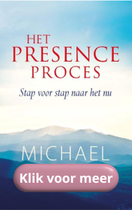 Boekomslag Presence Proces. Boekomslag is blauw en wit met rode letters. Met een berg op de achtergrond.